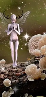 Mystical forest fairy with wings on a log surrounded by magical mushrooms.