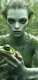 Mystical green forest fairy holding a frog in a magical scene.