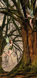 Two fairies in an ancient mystical forest with large trees.