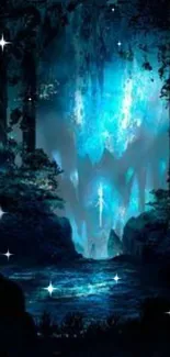 Mystical blue forest fantasy wallpaper with serene ambiance.