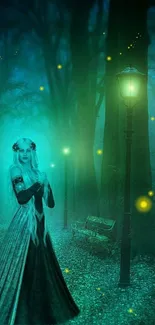 Ethereal figure in mystical forest with glowing light.