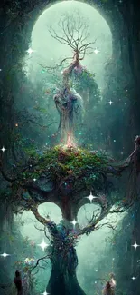 Fantasy forest wallpaper with mystical trees and glowing moon.