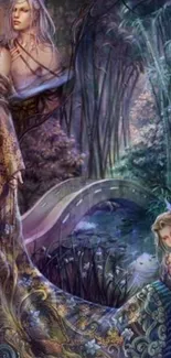 Mystical fantasy art wallpaper with ethereal figures and forest.