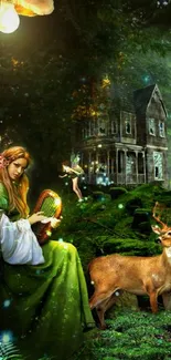 Mystical forest with woman, deer, and cottage.