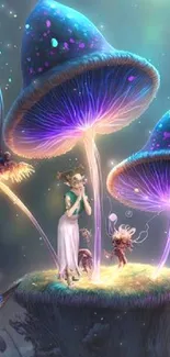 Fantasy forest scene with glowing mushrooms and butterflies.