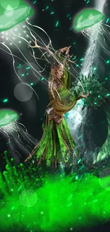 Ethereal figure in a mystical forest with floating jellyfish in electric green hues.