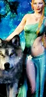 Elven woman with a wolf in a mystical forest setting.