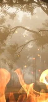 Misty forest with fiery flames below.