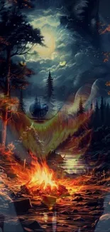 Mystical forest scene with campfire under a starry night sky.