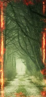 Mystical forest path with fiery edges in a magical wallpaper.