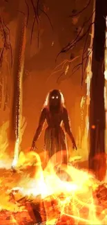 A shadowy figure stands in a burning forest with vibrant flames.