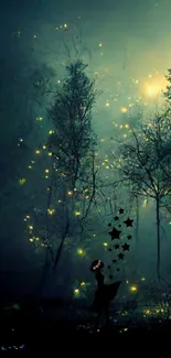 A mystical forest illuminated by glowing fireflies at night, creating a serene ambiance.