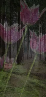 Mystical forest with overlay of pink tulips on mobile wallpaper.