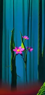 Forest wallpaper with pink flowers on a blue-green background.