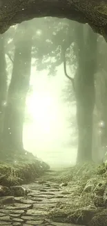 Moss-covered stone arch leads to a foggy forest path.