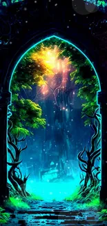 Mystical forest with a glowing gateway and vibrant colors.