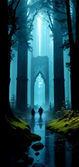 Mystical blue forest with a stone gateway.