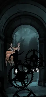 Mystical forest wallpaper with deer and gears in an ancient archway.