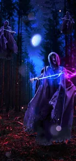 Ghostly figures in mystical forest glowing with purple and blue hues.