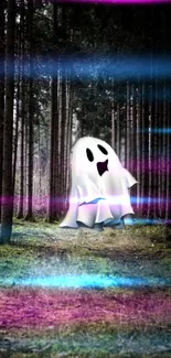 Whimsical ghost in mystical forest with colorful light effects.