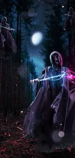 Ethereal ghostly figures in a dark, mystical forest with glowing lights.