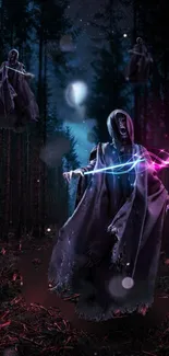 Ethereal hooded ghosts in a mystical dark forest with glowing lights.