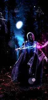 Mystical ghostly figure in a dark forest.