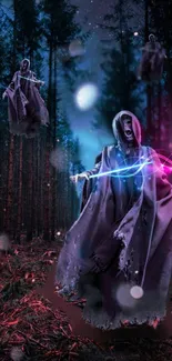 Hooded ghosts in a mystical dark forest with glowing lights.