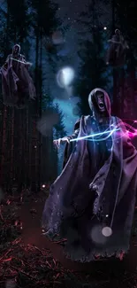 Ghostly figures float in a mystical forest at night, surrounded by neon lights.