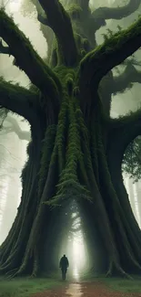 Majestic tree in a misty forest path with lush green surroundings.