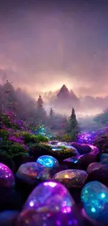 Mystical forest with glowing stones in vibrant purples and blues at twilight.