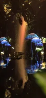 Mystical forest wallpaper with blue glowing mushrooms.