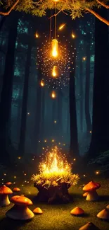 Magical dark forest with glowing lights and mushrooms wallpaper.