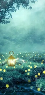 Mystical forest wallpaper with glowing fireflies and a vintage lantern.