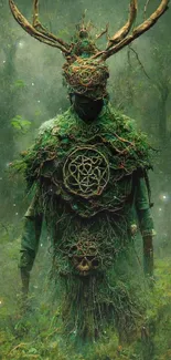 Mystical forest guardian with antlers in green tones.