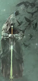 Mystical forest wallpaper with hooded guardian and glowing sword.