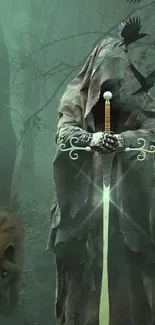 Mystical figure in forest with sword, dark ambiance.