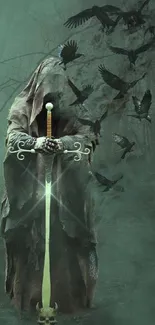 Cloaked guardian in mystical forest with glowing sword and ravens.