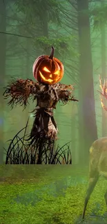 Mystical forest wallpaper with scarecrow and deer in glowing light.