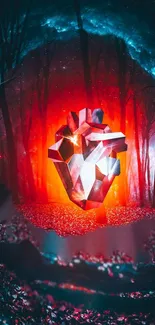 Glowing geometric heart in mystical forest wallpaper