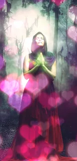 Serene figure in mystical forest with heart bokeh.