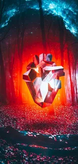 Vibrant geometric heart floating in an enchanted forest under starry sky.