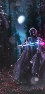 Hooded figure in a dark, enchanted forest casting colorful spells at night.