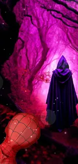 A hooded figure in a mystical, purple forest setting, exuding magical allure.