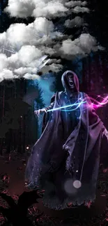 Hooded figure in mystical forest with surreal lighting.