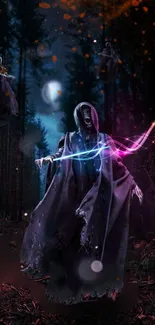 Hooded figure in mystical forest, glowing with vibrant neon lights.