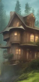 Charming wooden house nestled in a tranquil forest setting, perfect for mobile wallpaper.