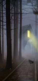 Misty forest with a house and glowing windows, creating an eerie atmosphere.