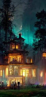 Glowing house in a mystical forest with vibrant lights.