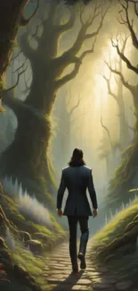 Man walking through a mystical, sunlit forest path.